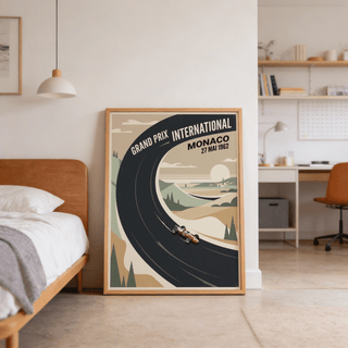 Angled print of sweeping racetrack against Mediterranean hillside scenery