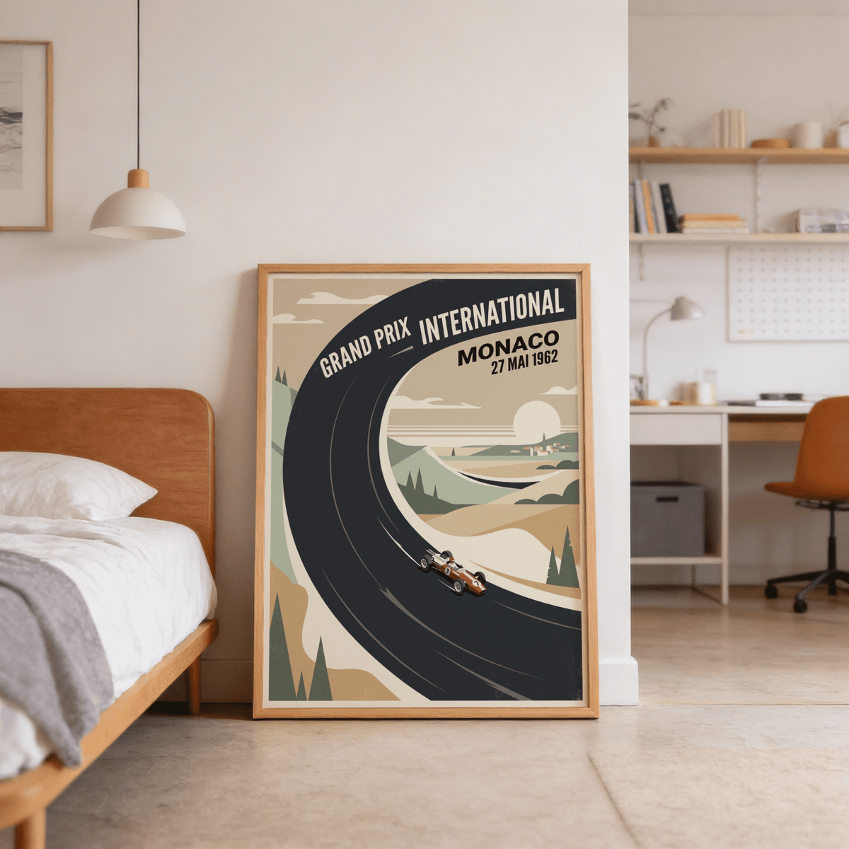 Angled print of sweeping racetrack against Mediterranean hillside scenery