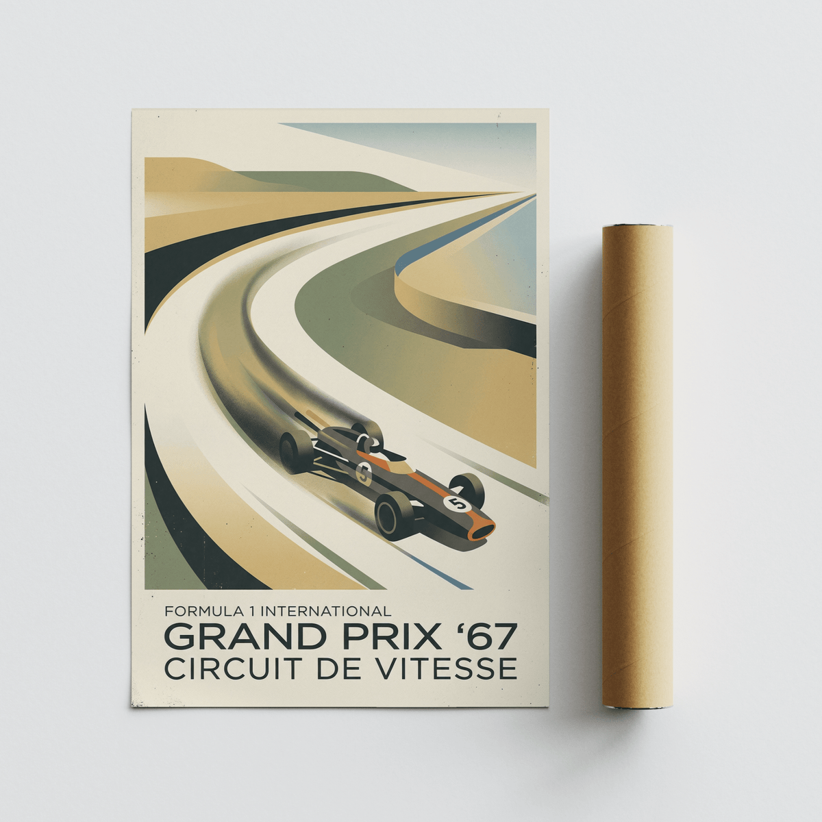 Side perspective of Vintage Racing Art Print hanging in modern office space
