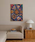 Kitchen Food Art Print in blue, yellow, and purple shades, poster for home