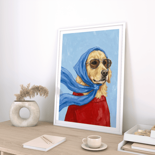 Golden Retriever Art print in Blue, Beige, Red for dog lovers’ living rooms