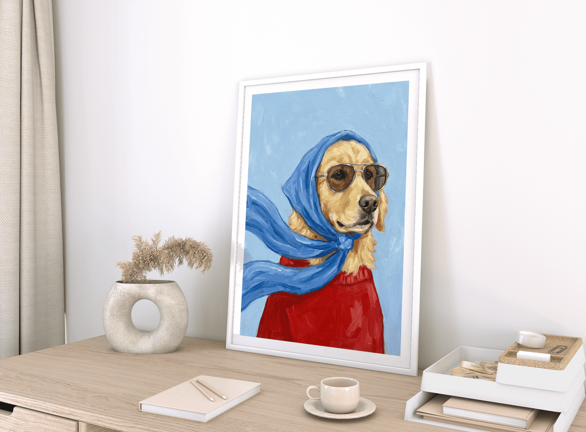 Golden Retriever Art print in Blue, Beige, Red for dog lovers’ living rooms