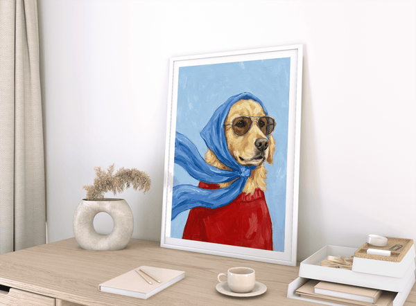 Golden Retriever Art print in Blue, Beige, Red for dog lovers’ living rooms