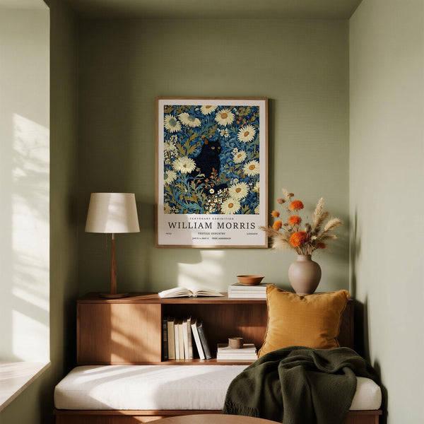 Cat among wildflowers and vintage-inspired leaves – Black Cat Art Print.