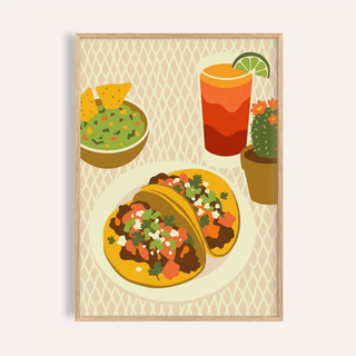 Tacos Art Print with green, orange, and beige for kitchen wall art