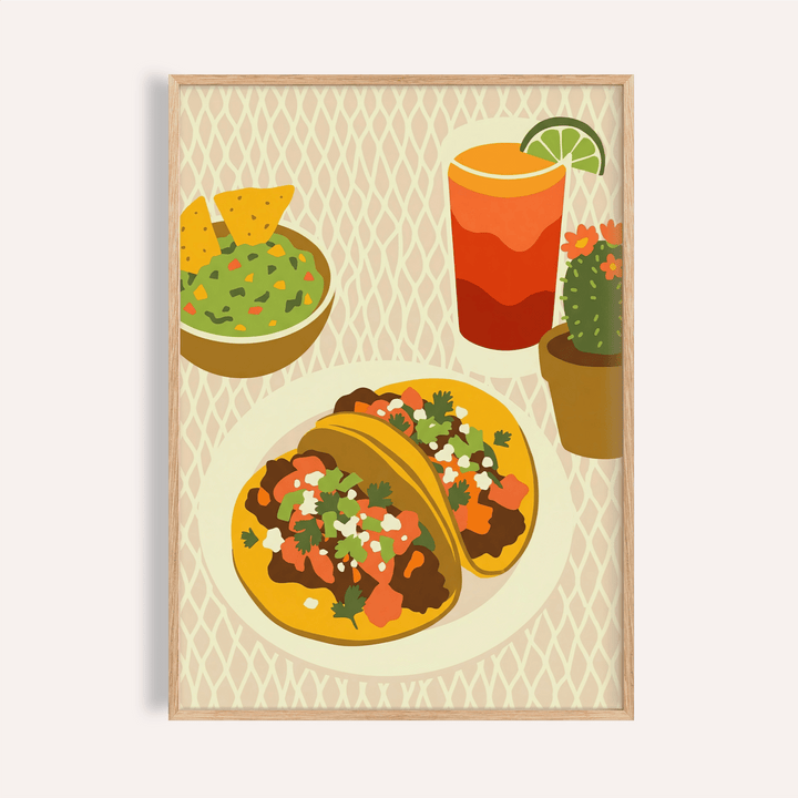 Tacos Art Print with green, orange, and beige for kitchen wall art