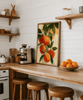 Fruit Art Print showing oranges and green leaves, wall art for dining room