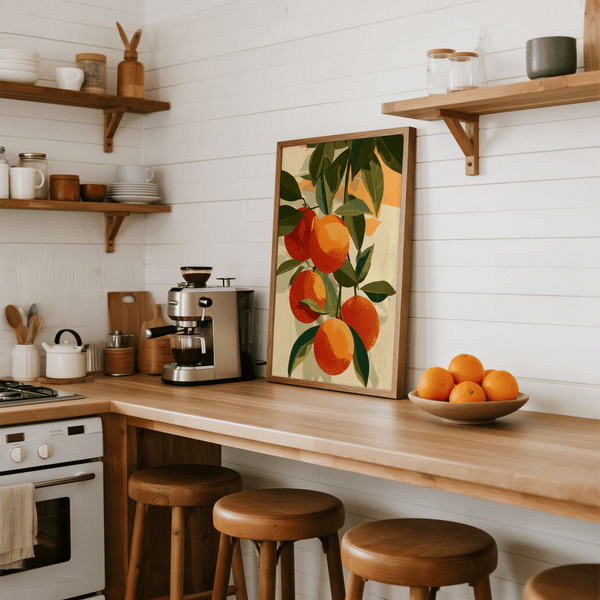 Fruit Art Print showing oranges and green leaves, wall art for dining room