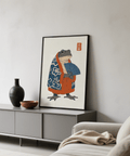 Frog in Kimono Print wall art, orange and blue colors for office decor