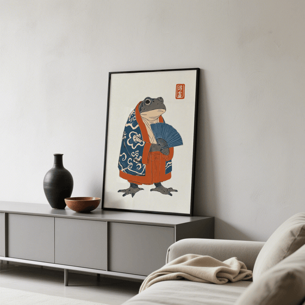 Frog in Kimono Print wall art, orange and blue colors for office decor