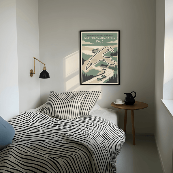 Depicting Spa Francorchamps Art Print wall art with track outline and pine trees