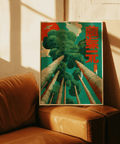 Japanese Tree Art Print showing lush Green trees, Blue background, Red elements for dining room poster