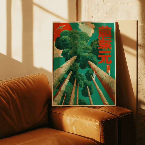 Japanese Tree Art Print showing lush Green trees, Blue background, Red elements for dining room poster