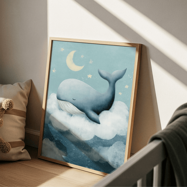 Blue and white Whale Nursery Wall Art print for baby bedrooms