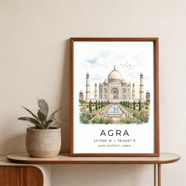 Typographic Agra Historical Poster with Taj Mahal illustration and coordinates