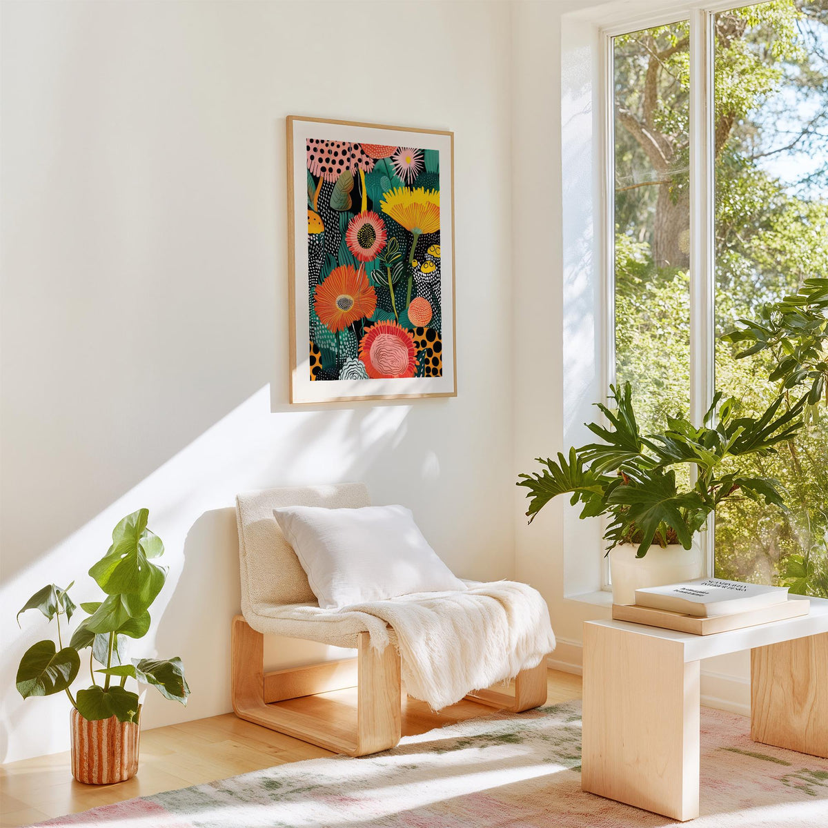 Beautiful flower art featuring imaginative floral forms in a colorful garden scene.
