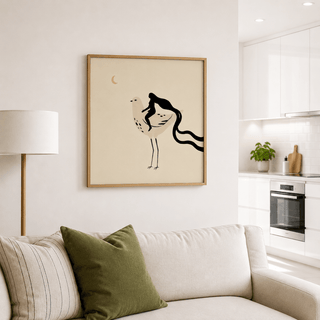 Simple line-led bird print with spotted body and elongated legs