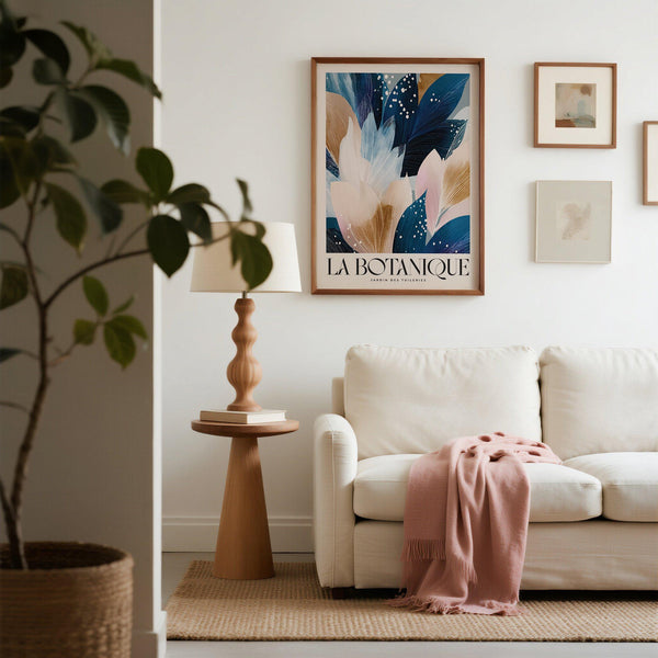 Large botanical art print with layered leaves in modern colors