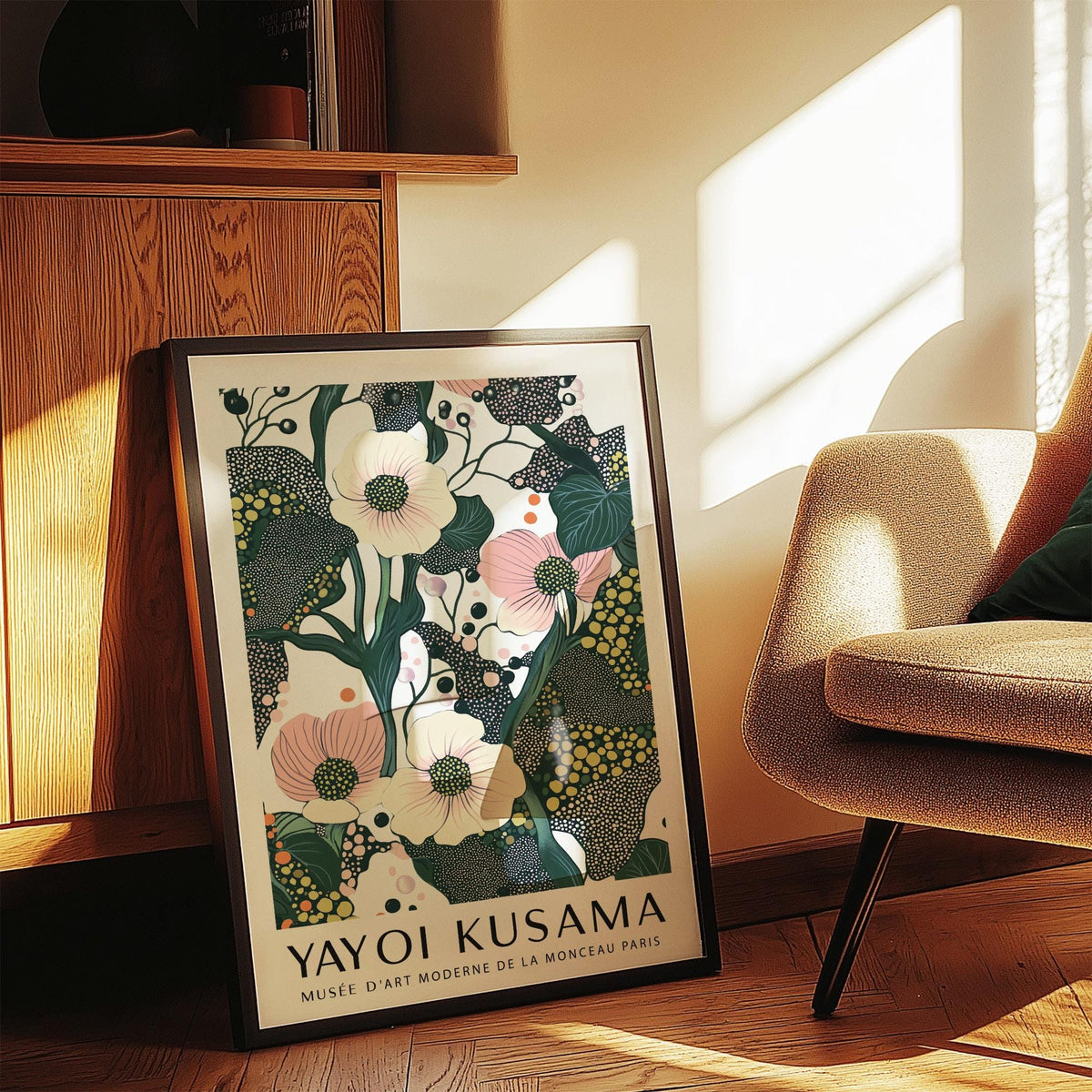 Contemporary green pink wall art showing abstract foliage and dots