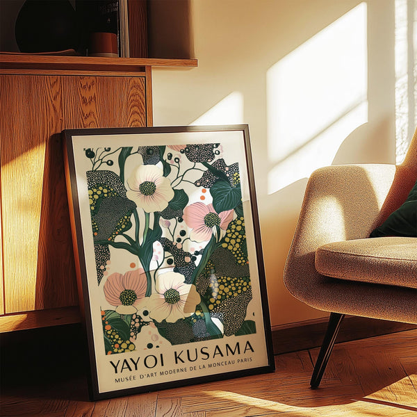 Contemporary green pink wall art showing abstract foliage and dots