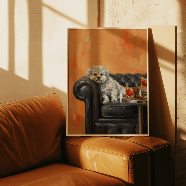 Dog with Human Face modern print with White fur and Black sofa décor