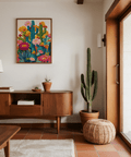 Cactus Flower Art Print with orange yellow tones for nursery wall art