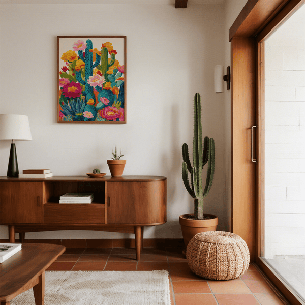 Cactus Flower Art Print with orange yellow tones for nursery wall art