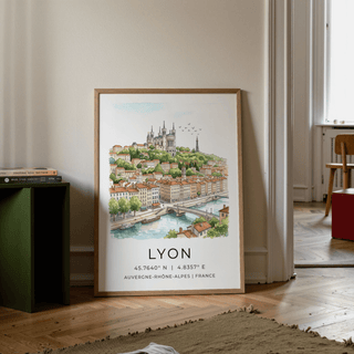 Close-up typography of Lyon coordinates beneath skyline illustration