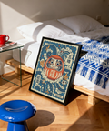 Daruma Art Print centered on lucky doll with graphic wave patterns