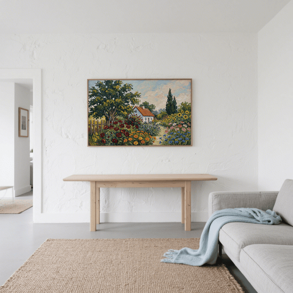 Bright Cottage Garden Art Print featuring green foliage and blue blooms for office wall art