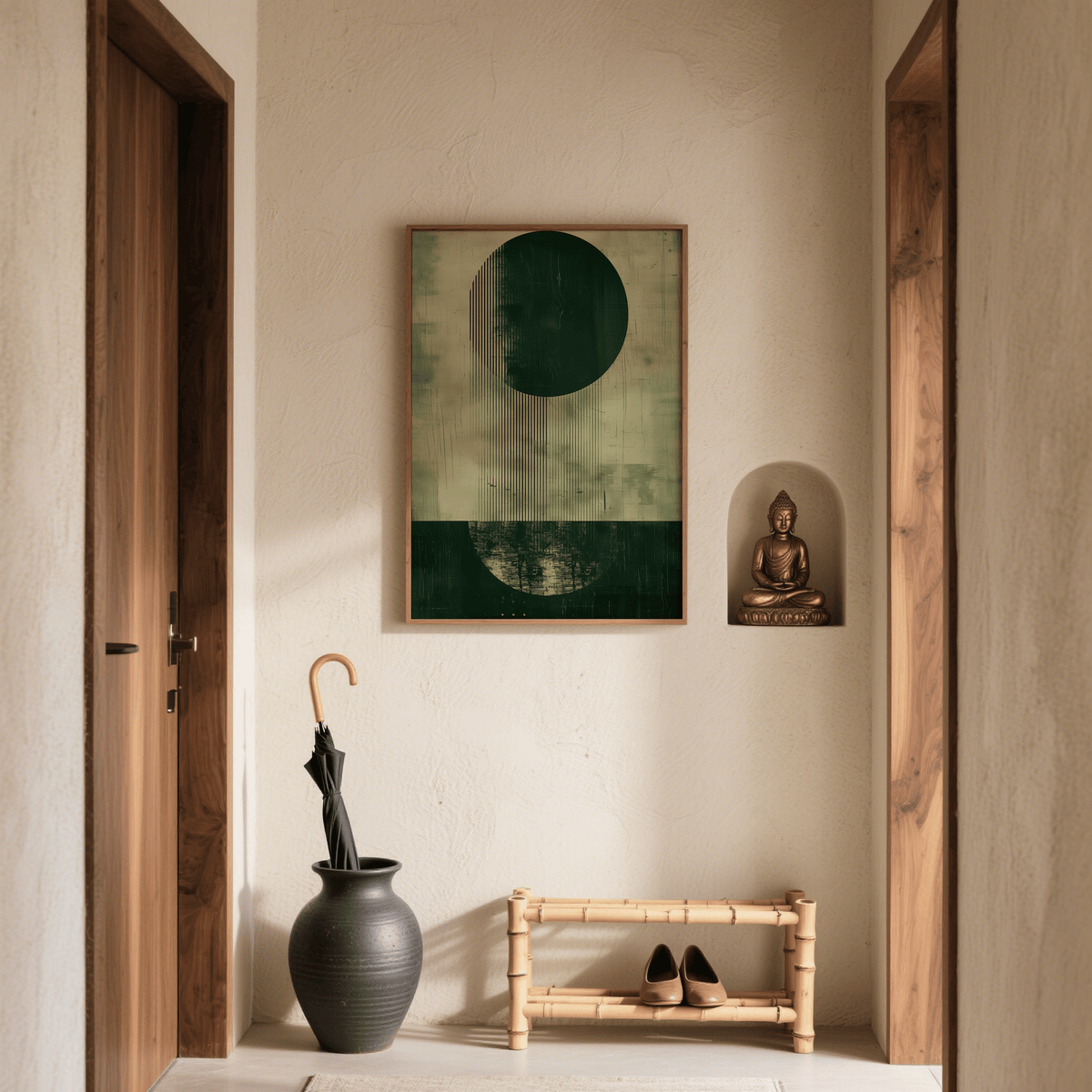 Modern Abstract Art Print with textured green and beige for creative workspace wall