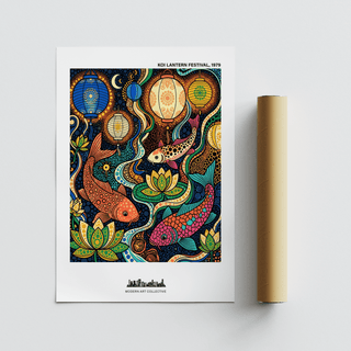 Multicolored Colorful Koi Fish Poster with lanterns, lotus flowers, and three koi in patterned linework