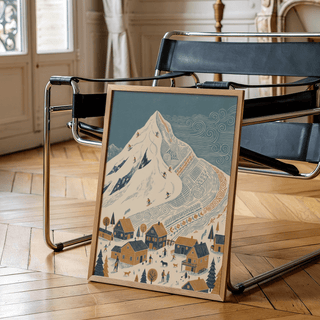 Cozy bedroom Winter Mountain Art Print with Blue, Orange, Beige tones