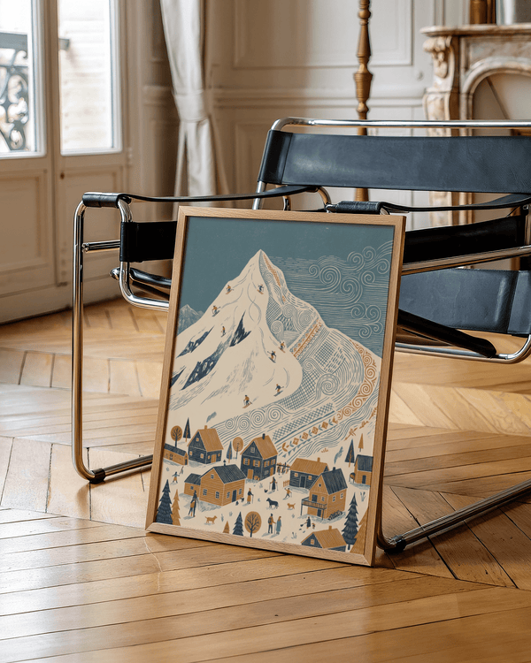 Cozy bedroom Winter Mountain Art Print with Blue, Orange, Beige tones
