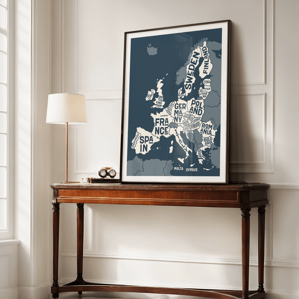 Modern Europe Map Print featuring blue and beige tones for office decor