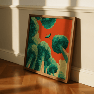 Bird in Flight Wall Art nature scene in Green and Red, hallway poster