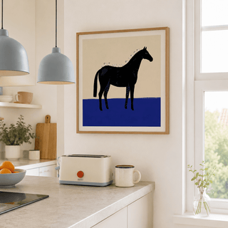 Close crop of side profile horse silhouette with perched birds