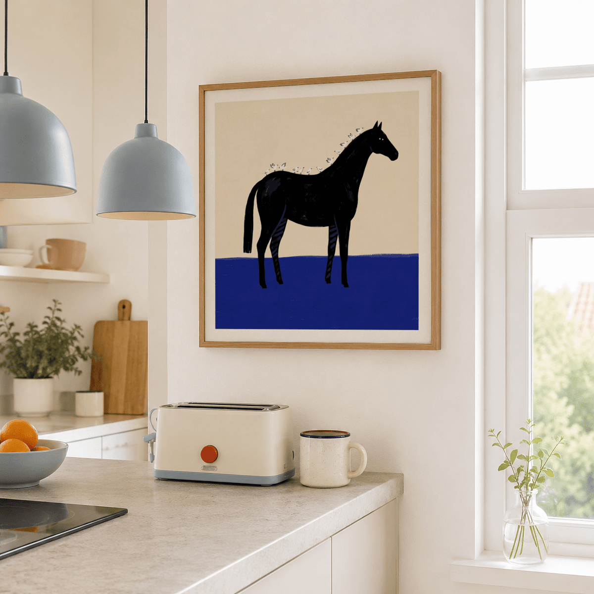 Close crop of side profile horse silhouette with perched birds