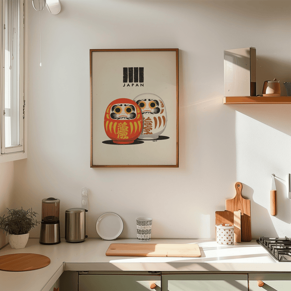 Beige orange yellow Daruma Doll Print art print for entryway
