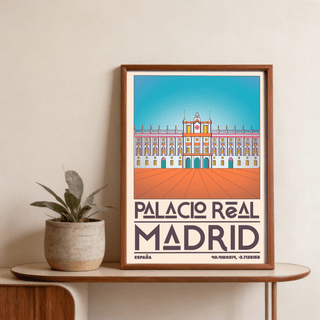 Centered Spanish Landmark Poster wall art featuring Palacio Real Madrid illustration, bold typography, and clean geometric linework