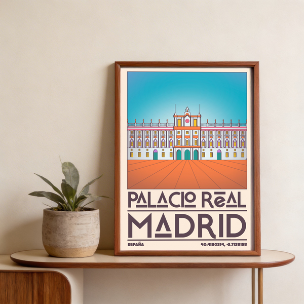 Centered Spanish Landmark Poster wall art featuring Palacio Real Madrid illustration, bold typography, and clean geometric linework