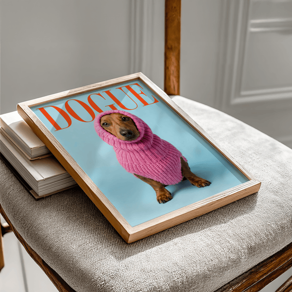 Funny Daschund Print with brown dog and pink, blue palette for kids’ rooms