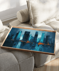 Large Blue Artwork City featuring cityscape in Blue with Orange for hallway