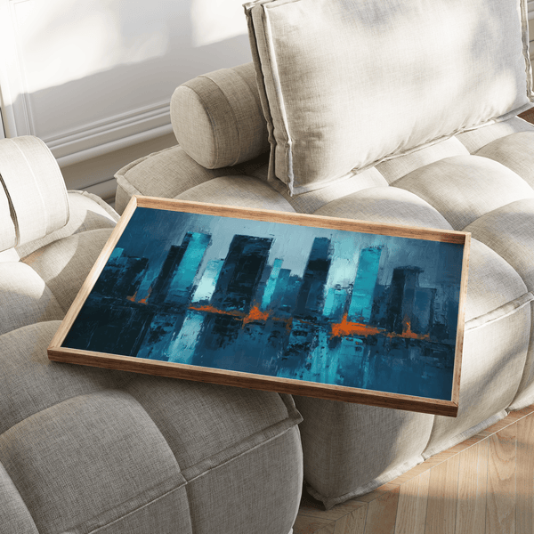 Large Blue Artwork City featuring cityscape in Blue with Orange for hallway