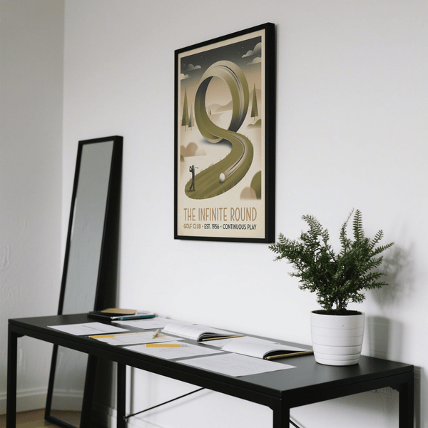 Full Golf Club Art Print displayed above a desk in a study