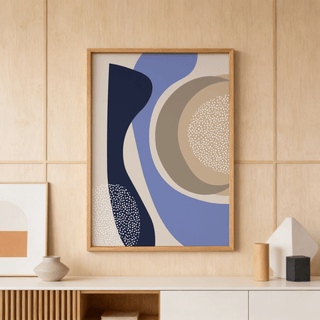Layered circle poster with wavy vertical shape and speckled dot field