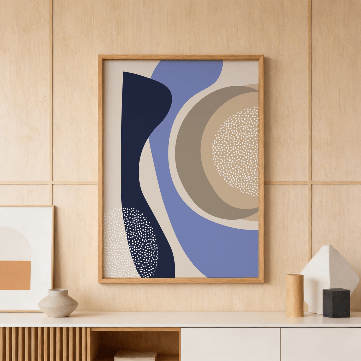Layered circle poster with wavy vertical shape and speckled dot field