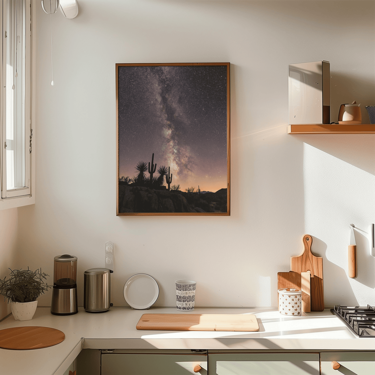 Cactus Night Print art poster with starlit desert, Black, Pink, Purple, Yellow for study