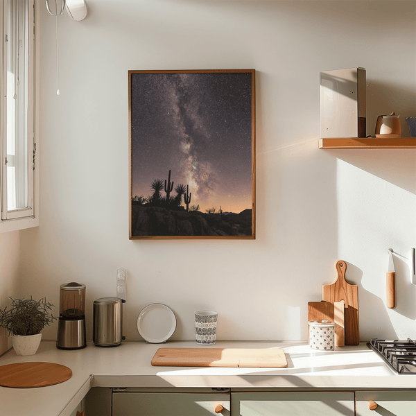 Cactus Night Print art poster with starlit desert, Black, Pink, Purple, Yellow for study