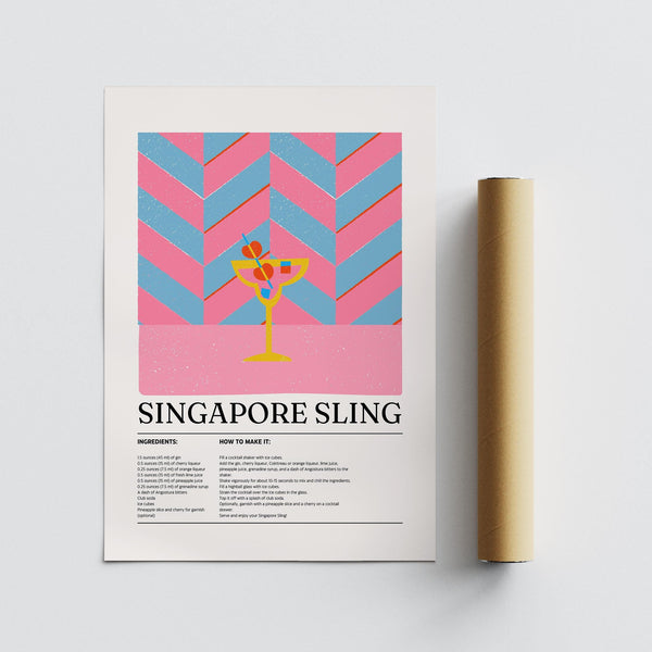 Singapore Sling recipe in drinks art print with bold yellow glass

